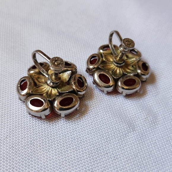 Vintage Sterling Silver Ruby Red Flower Gems Pearl Gold Tone Screw Back Earrings - Picture 4 of 6